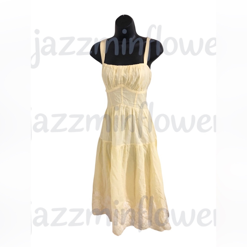 Trixxi butter yellow open tie back embroidered hem fit & flare dress size M new - Picture 17 of 17